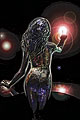 NAVIGATOR<br><br> This image was made using a Poser figure in Bryce.  I made a box around the figure with images on the 'walls' that reflected off the chrome surface of the body.  A second rendering was done using 'glass' for the figure to capture its distorted transmission